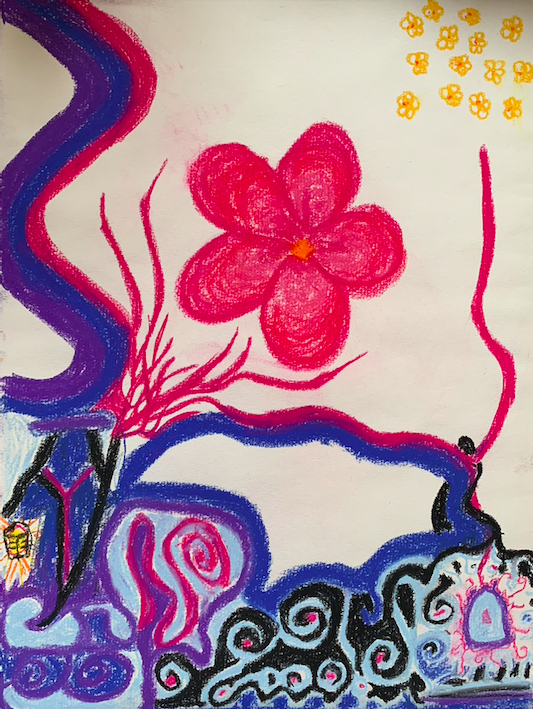 Abstract artwork featuring a pink flower, swirling lines, and vibrant colours.