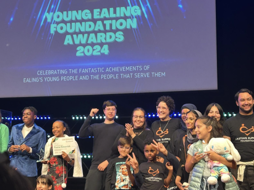 Group of people celebrating at the Young Ealing Foundation Awards 2024 event.
